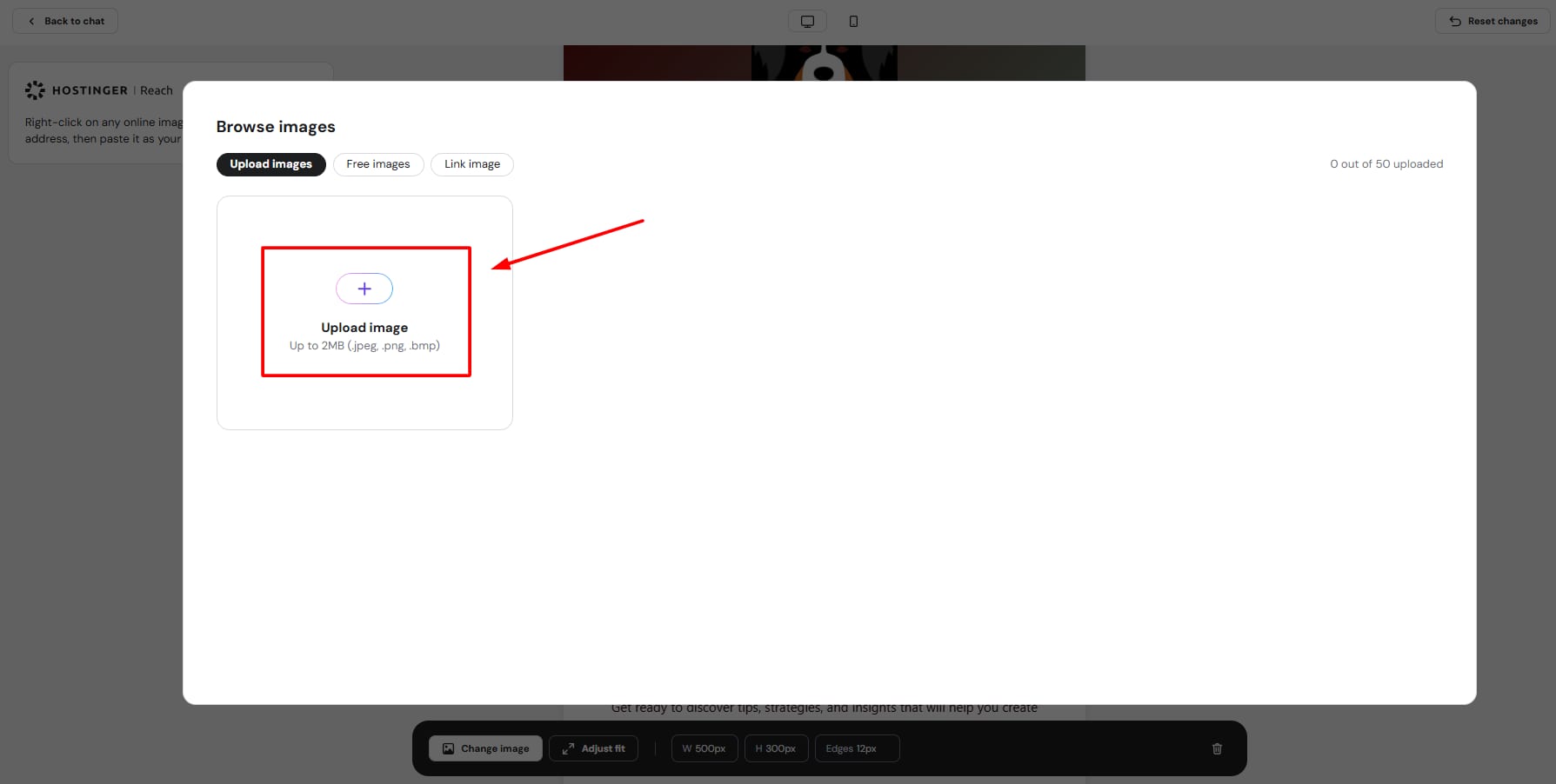 Hostinger Reach browse images modal with Upload image tile highlighted