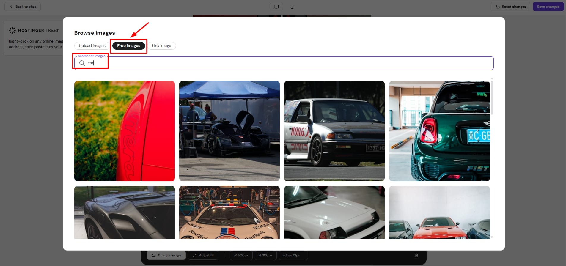 Hostinger Reach free images tab with car search field highlighted