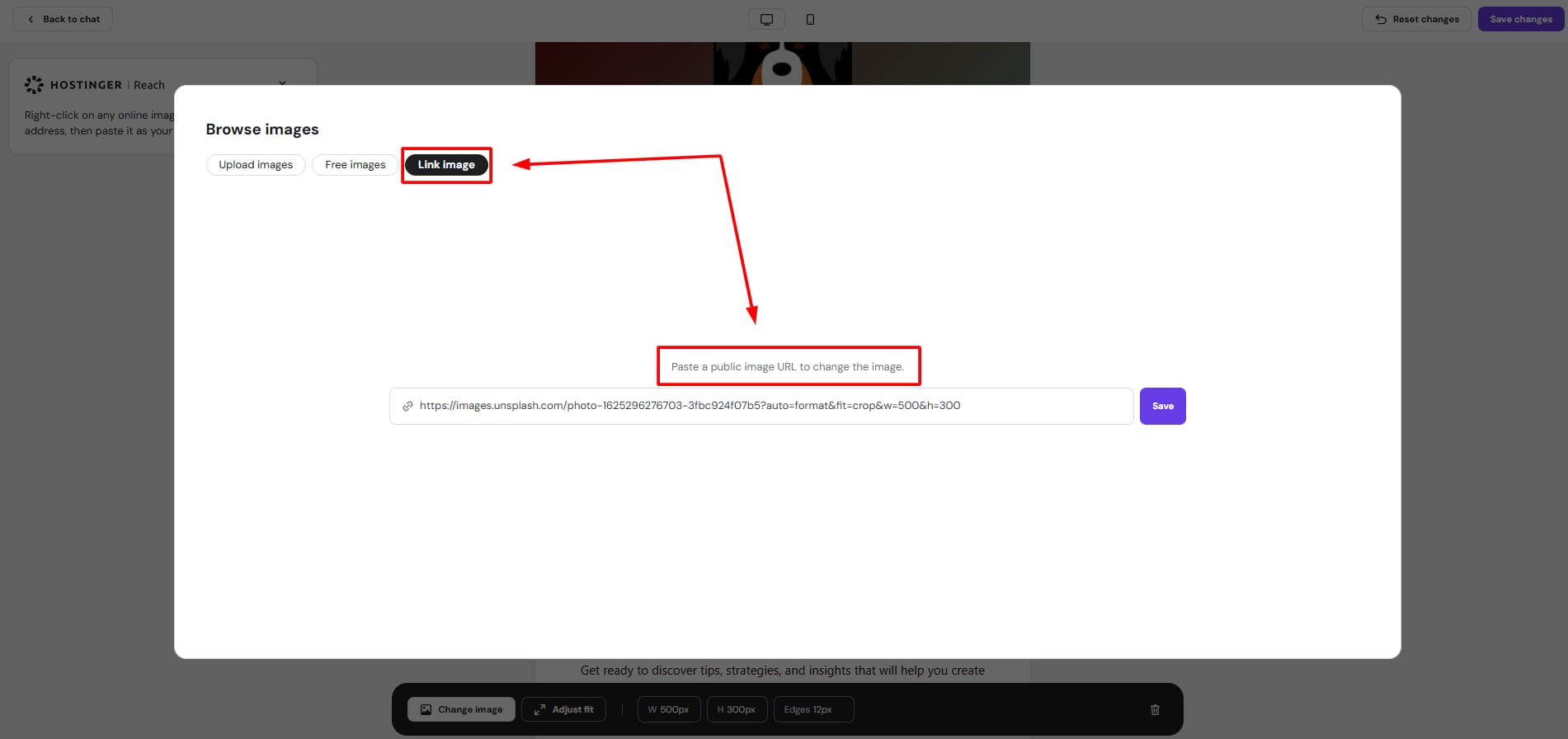Hostinger Reach upload dialog with Link image tab and image URL field highlighted