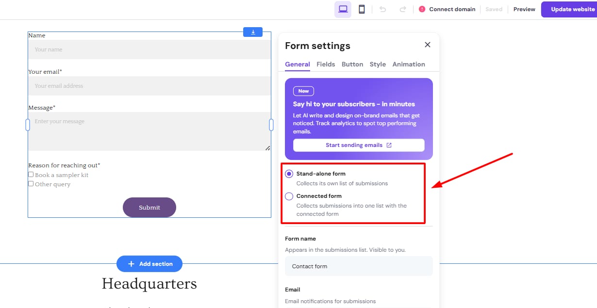 Hostinger Reach form settings with Stand-alone form and Connected form options highlighted
