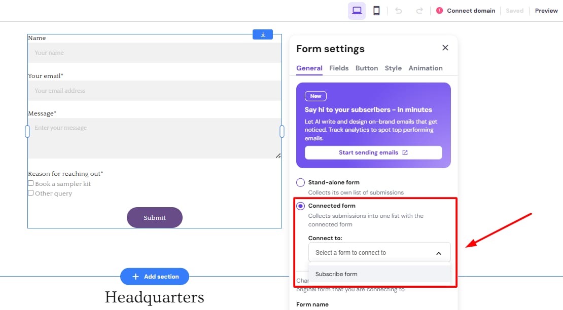 Hostinger Reach form settings with Connected form option selected and form dropdown highlighted