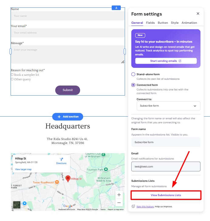Hostinger Reach form settings with highlighted View Submissions Lists button