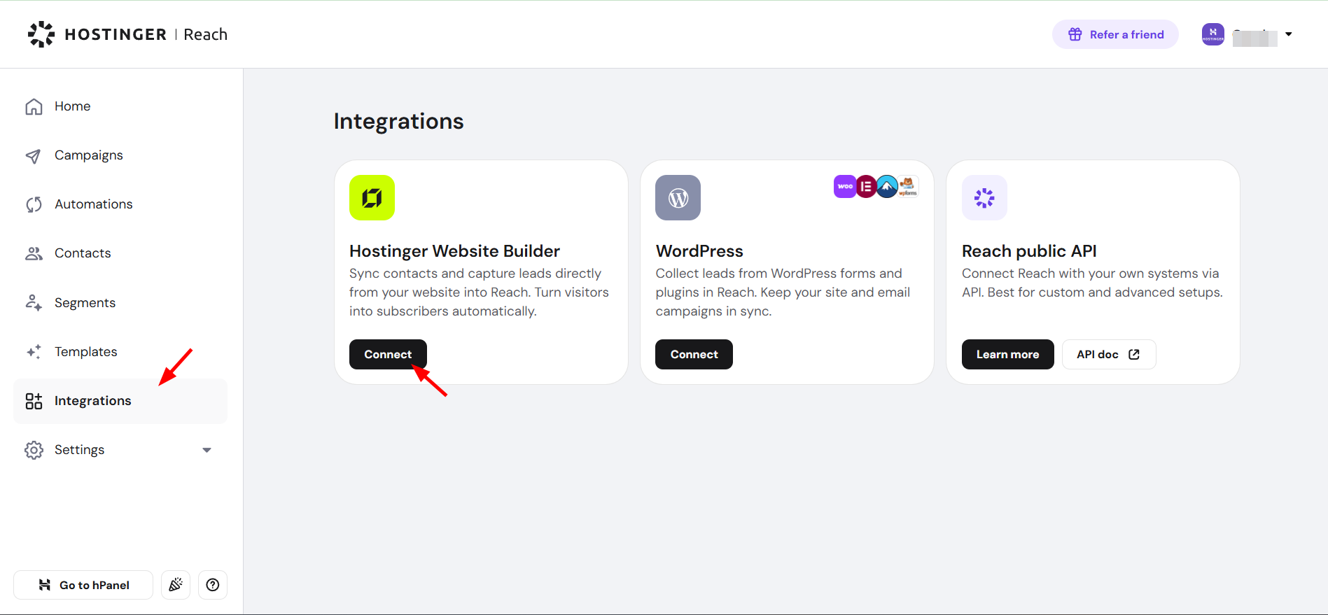 Hostinger Reach integrations page with Integrations menu item and Connect button highlighted