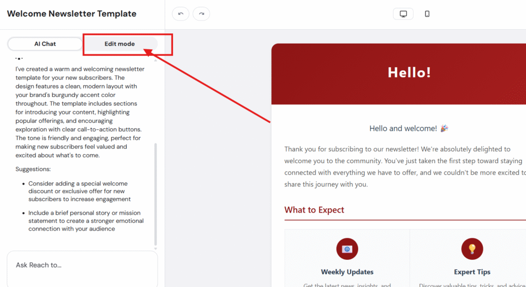 Hostinger Reach email template editor with Edit mode button highlighted