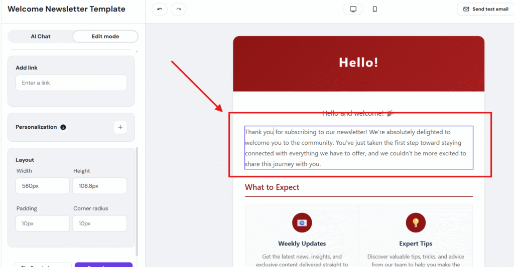 Hostinger Reach email template editor with a welcome paragraph block selected