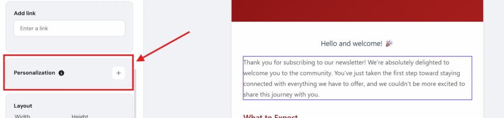 Hostinger Reach personalization section with a plus button highlighted in the sidebar