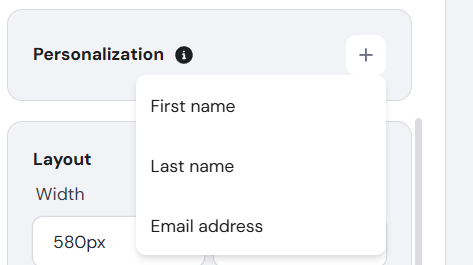 Hostinger Reach personalization menu open with first name, last name, and email address options