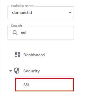 Hostinger dashboard security menu with SSL option highlighted