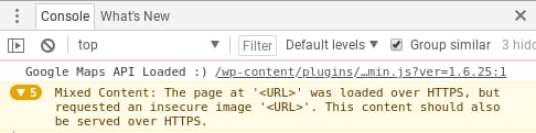 Browser console warning about mixed content on a Hostinger site, with a highlighted warning message.