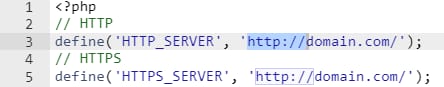 PHP code defining HTTP and HTTPS server URLs, with the HTTP server value highlighted