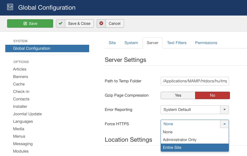 Joomla Global Configuration Server tab with Force HTTPS dropdown set to Entire Site