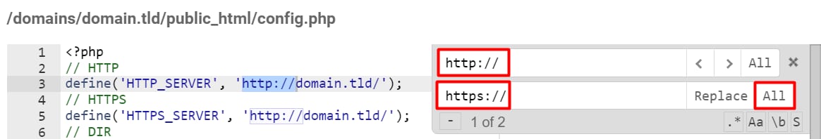 Code editor showing http:// and https:// entries highlighted in the replace box