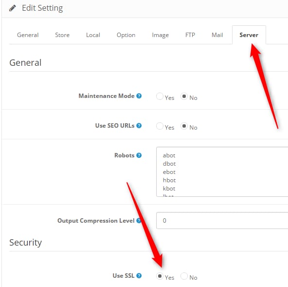 OpenCart Server tab with Use SSL set to Yes highlighted