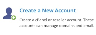 cPanel account creation screen with the Create a New Account option highlighted