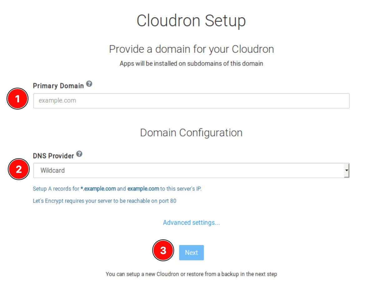 Cloudron setup screen with primary domain field, DNS provider dropdown, and Next button highlighted