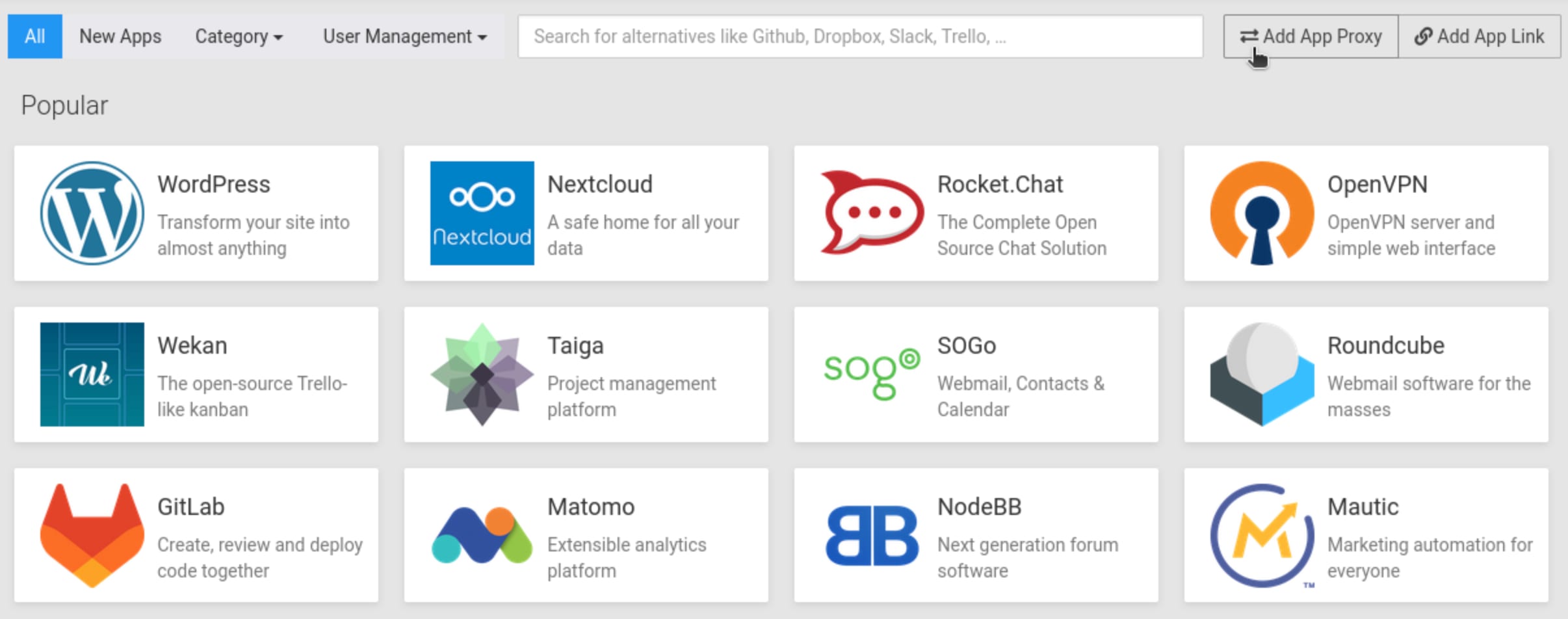 Cloudron app catalog with Add App Proxy button highlighted