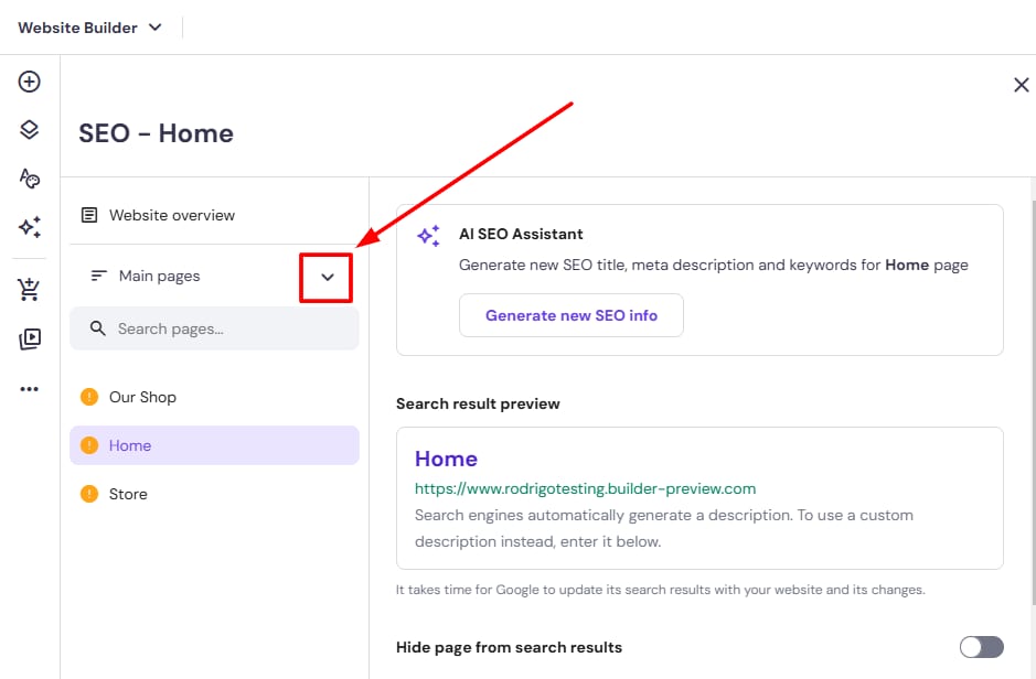 Website Builder SEO Home screen with the Main pages dropdown button highlighted