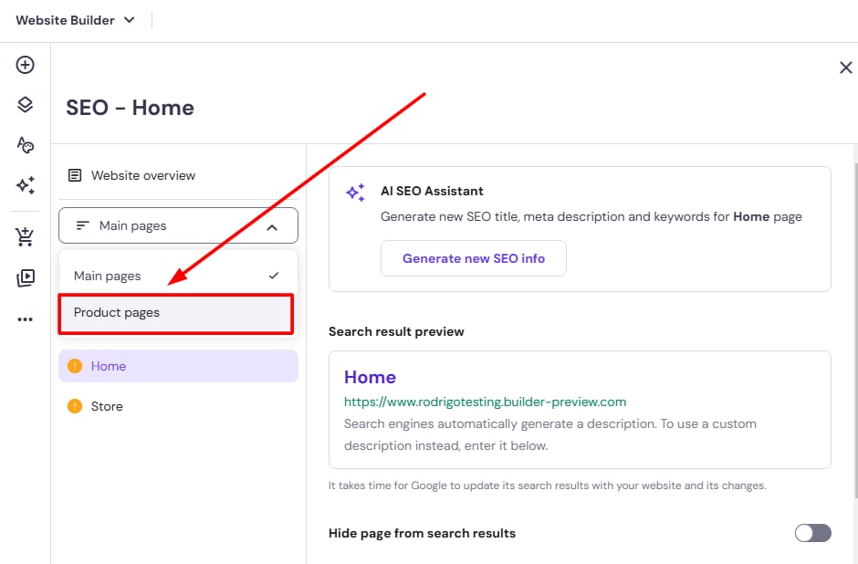 Website Builder SEO menu with Product pages option highlighted