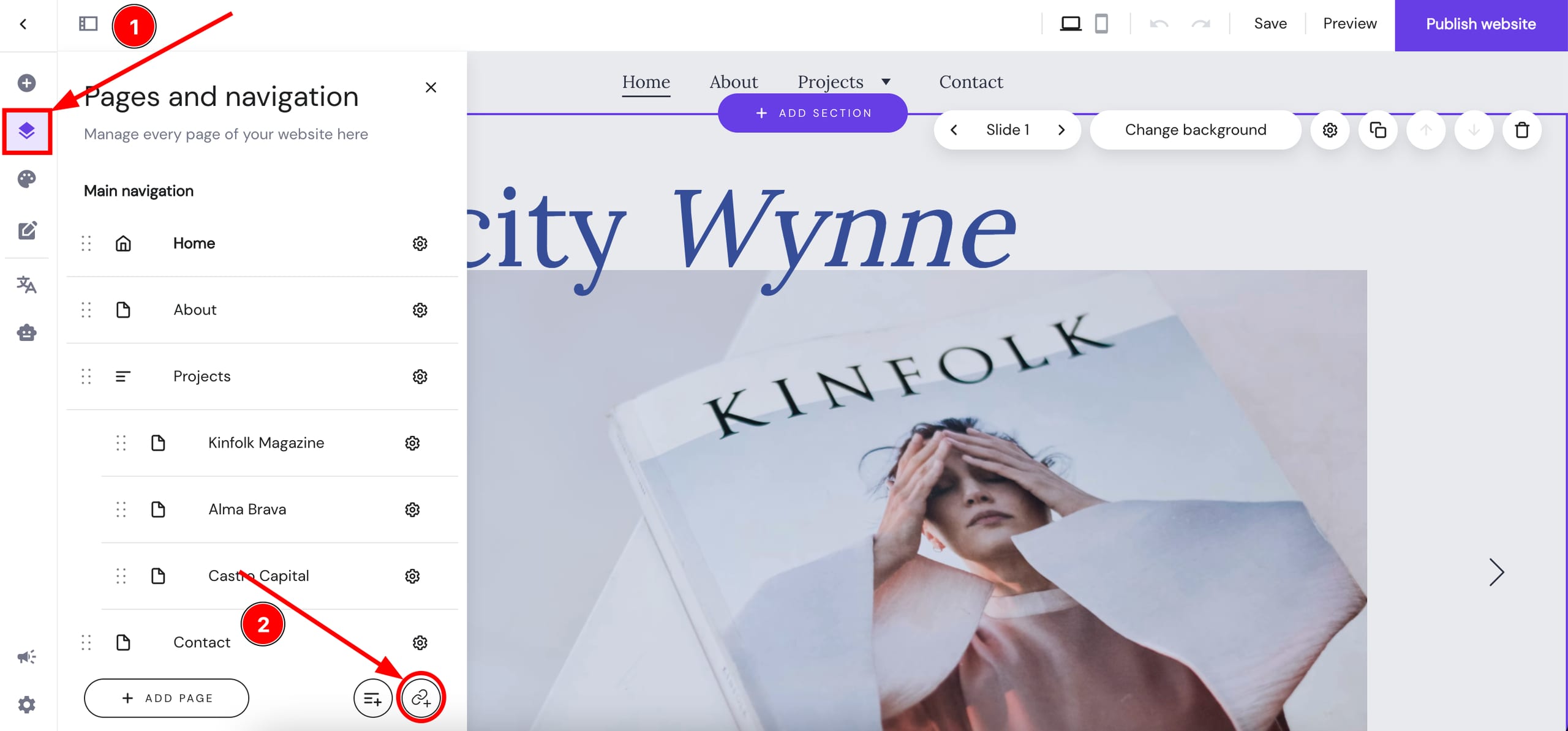 Hostinger Website Builder pages menu with the link icon highlighted at the bottom right