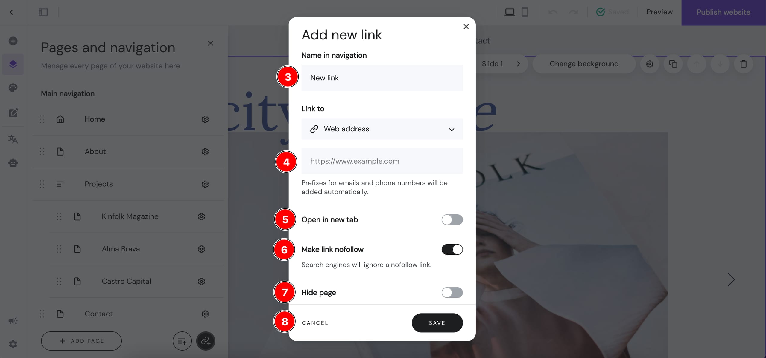 Hostinger Website Builder “Add new link” dialog with web address field and Save button highlighted