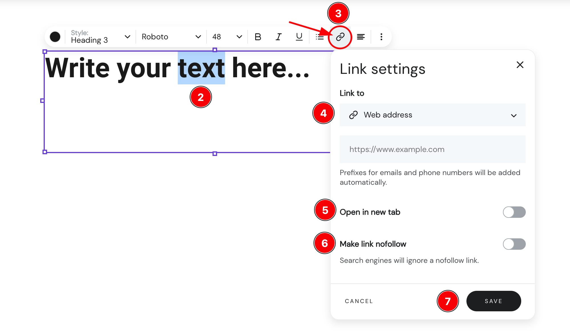 Hostinger Website Builder link settings with selected text and the link icon highlighted