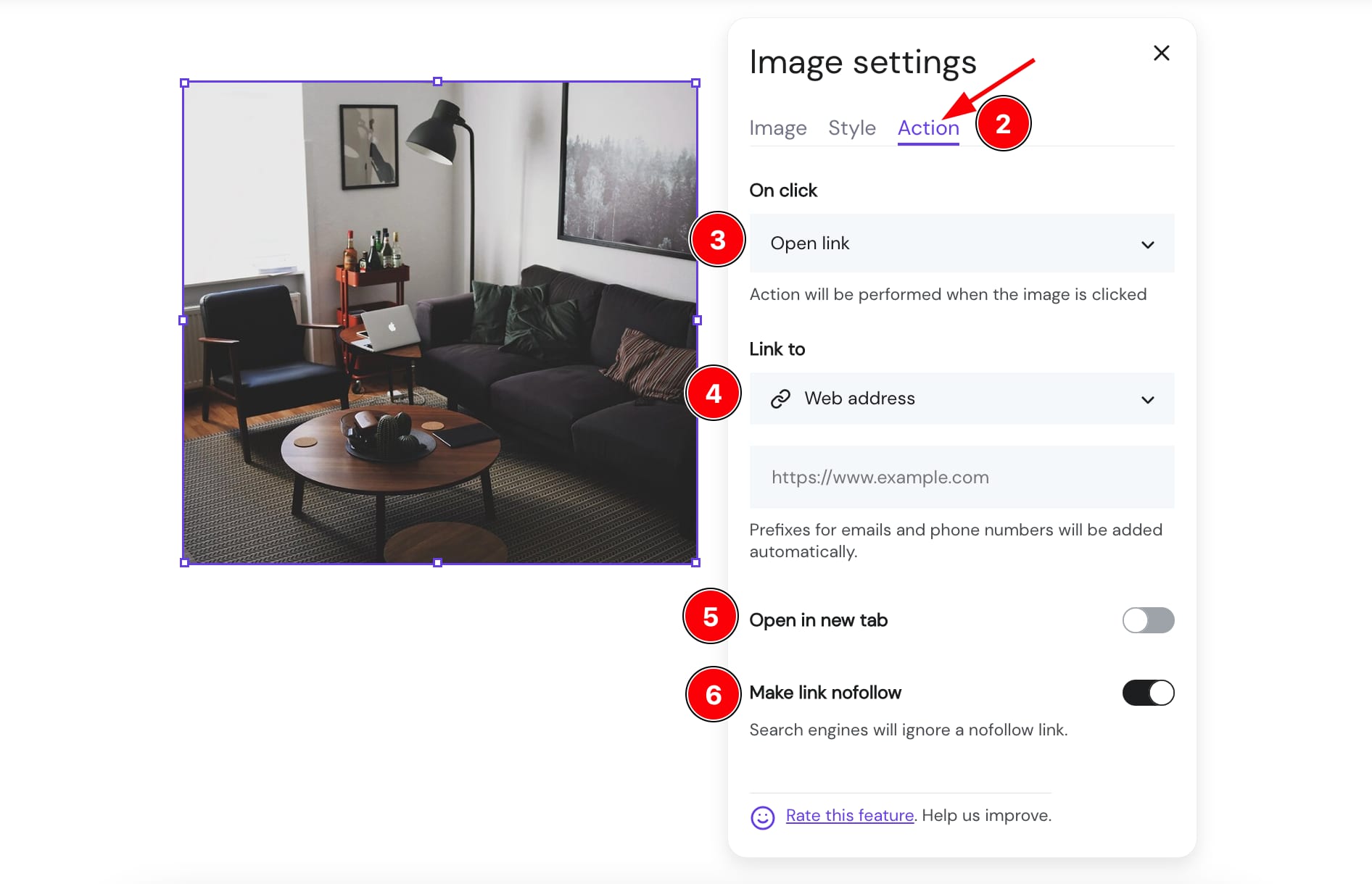 Hostinger Website Builder image settings with Action tab and Open link option selected
