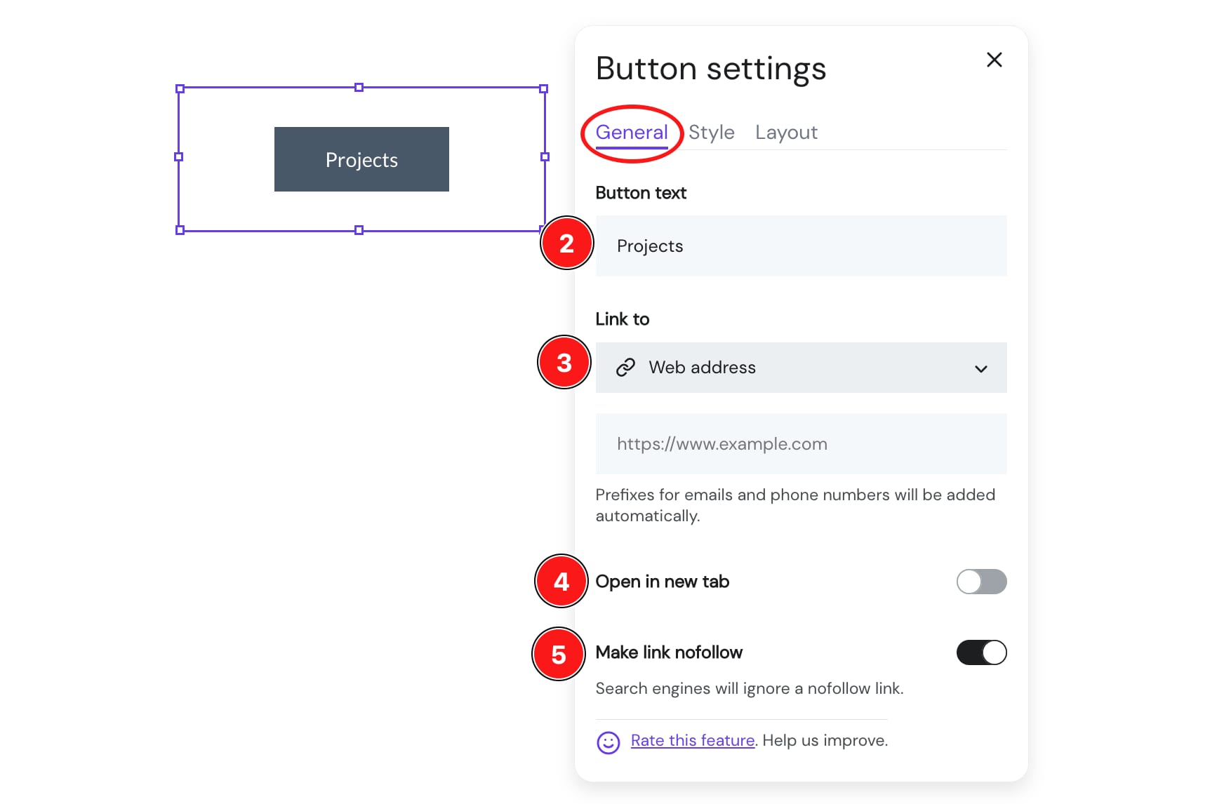 Button settings panel with General tab selected and link to web address option highlighted