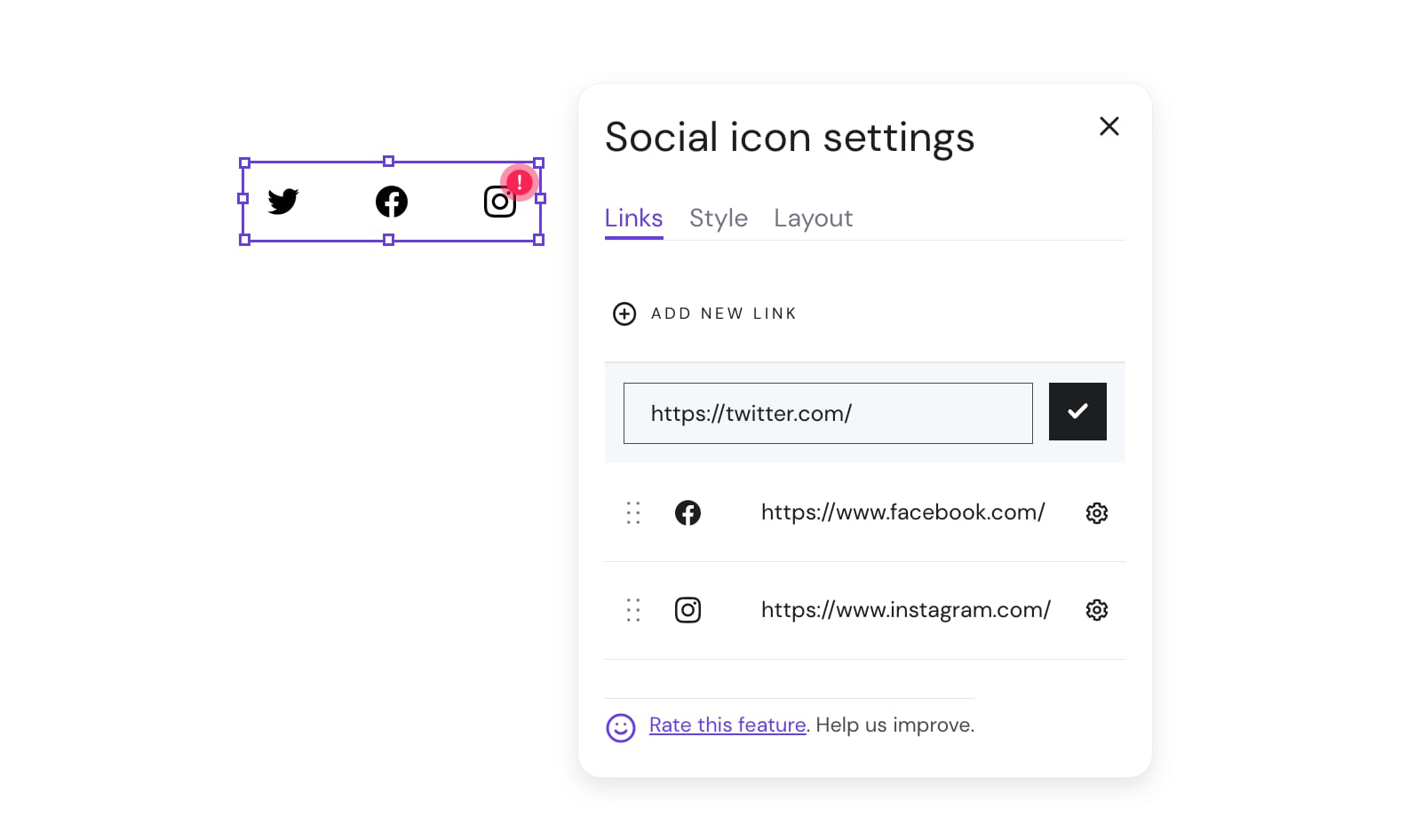 Social icon settings with the Links tab open and an add new link field for Twitter highlighted