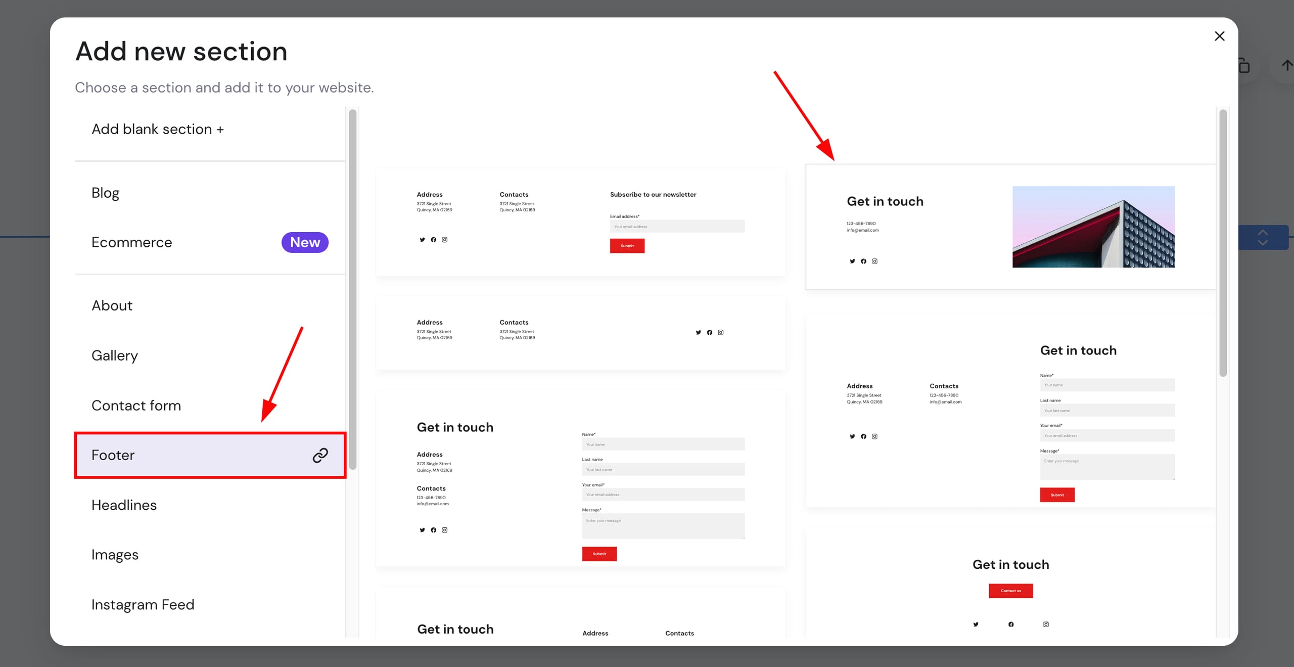 Hostinger Website Builder footer section option highlighted in Add new section menu
