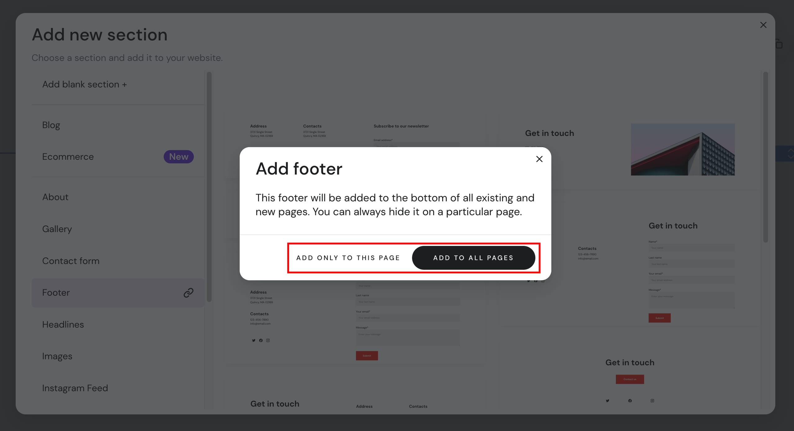 Hostinger Website Builder add footer dialog with Add to all pages button highlighted