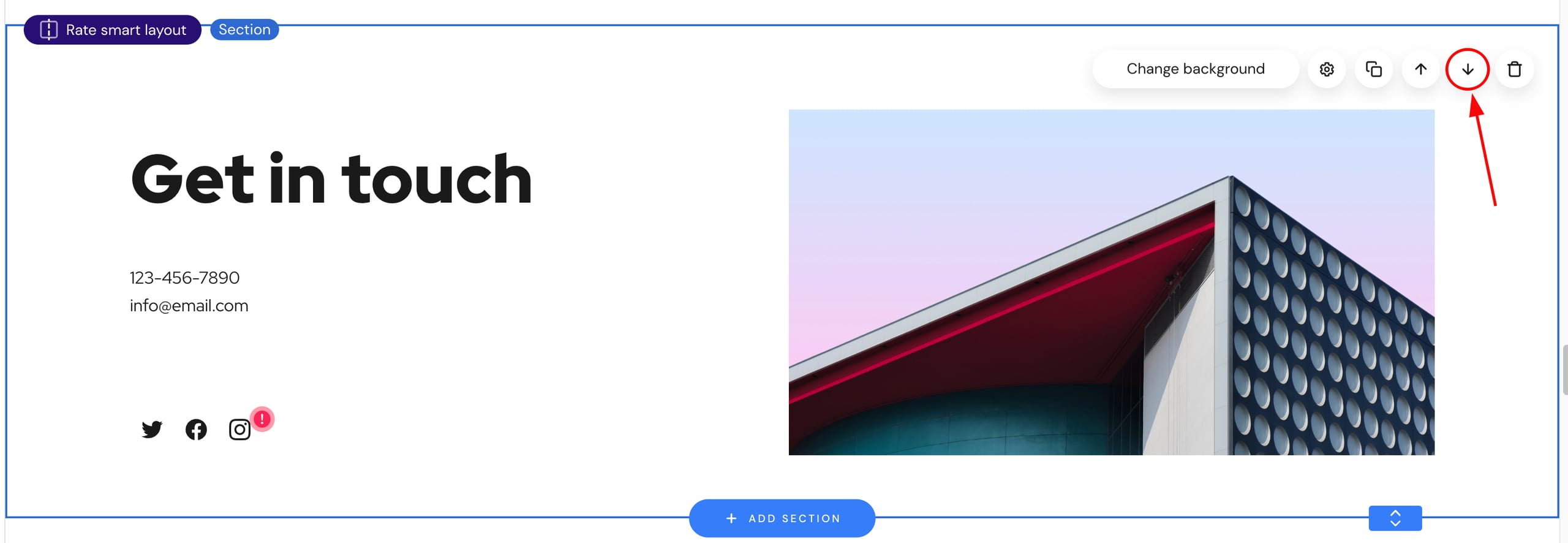 Website builder section controls with the down arrow button highlighted