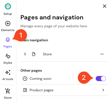 Hostinger website builder Pages and navigation panel with Coming soon toggle enabled