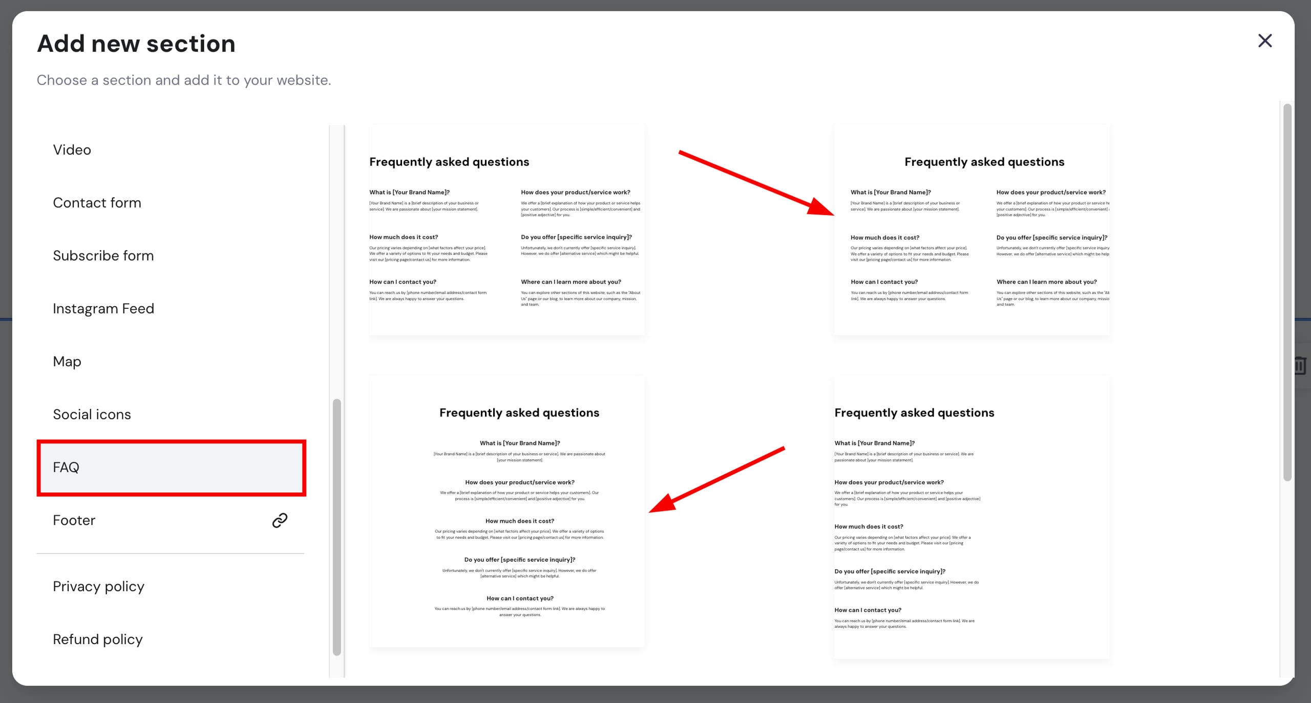 Hostinger Website Builder add new section dialog with FAQ option highlighted