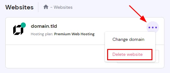 Hostinger Websites menu open with Delete website option highlighted