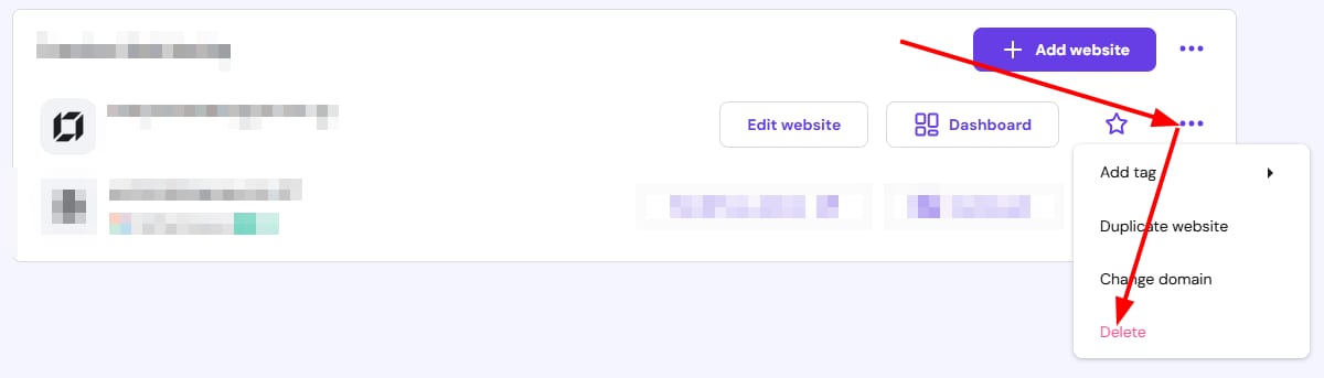 Hostinger Website Builder site menu with the Delete option highlighted in the dropdown