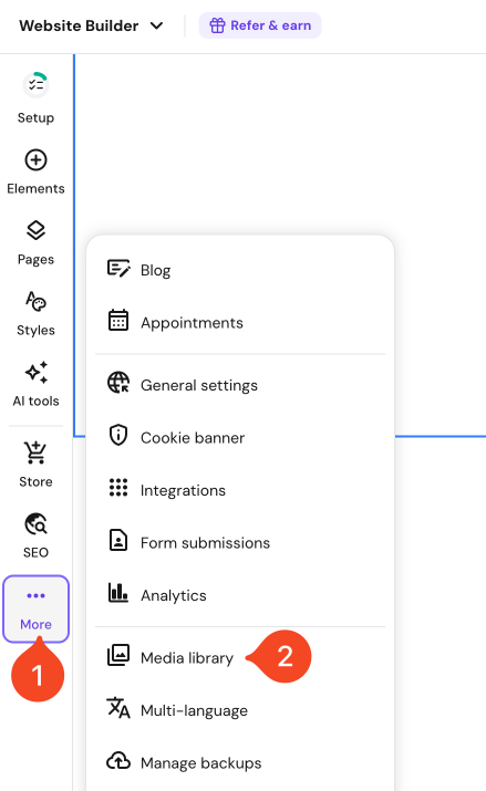 Hostinger Website Builder menu with Media library highlighted in the More panel