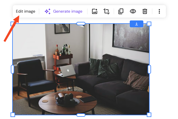 Edit image button in Hostinger website builder toolbar, with a living room photo selected below
