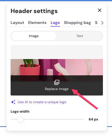 Hostinger website builder header settings, replace image button highlighted in logo tab