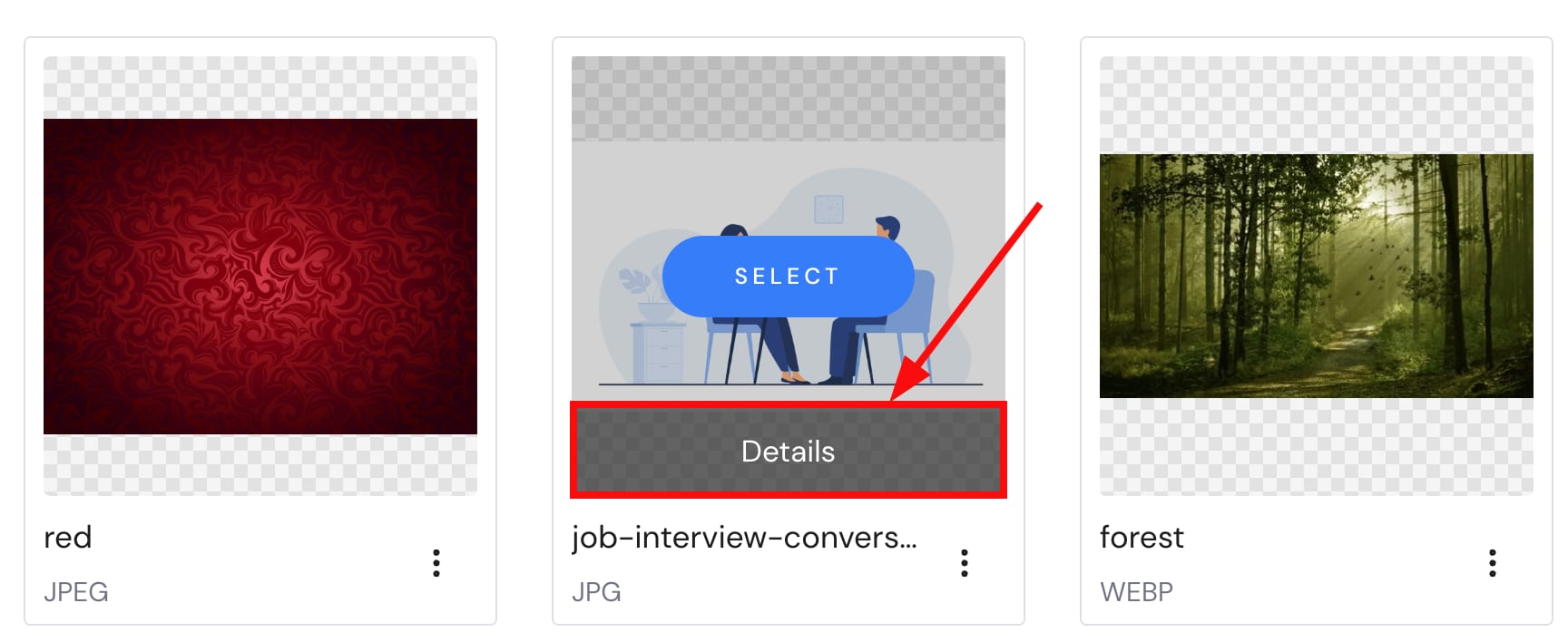 Hostinger Website Builder media library with the Details button highlighted on a job interview image card