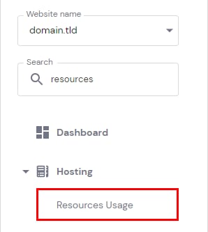 Hosting menu with Resources Usage highlighted
