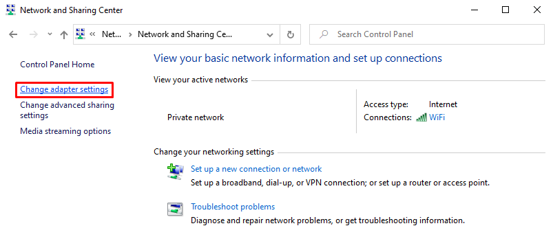 Changing adapter settings on Windows.