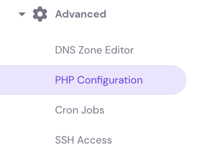 hPanel's Advanced menu with PHP Configuration being highlighted.