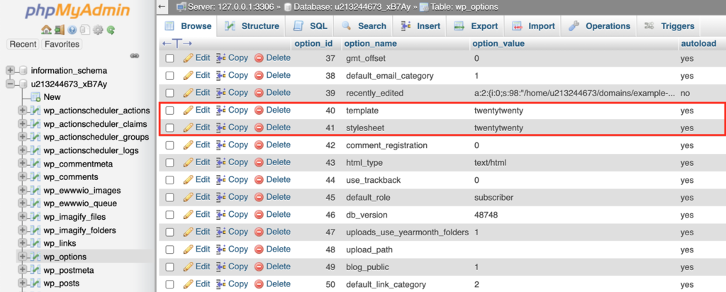 Renaming the current theme name on phpMyAdmin