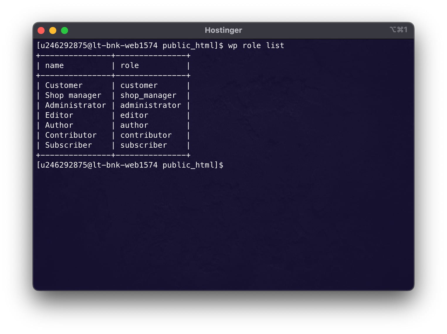 Hostinger terminal showing wp role list output with WordPress roles and capabilities