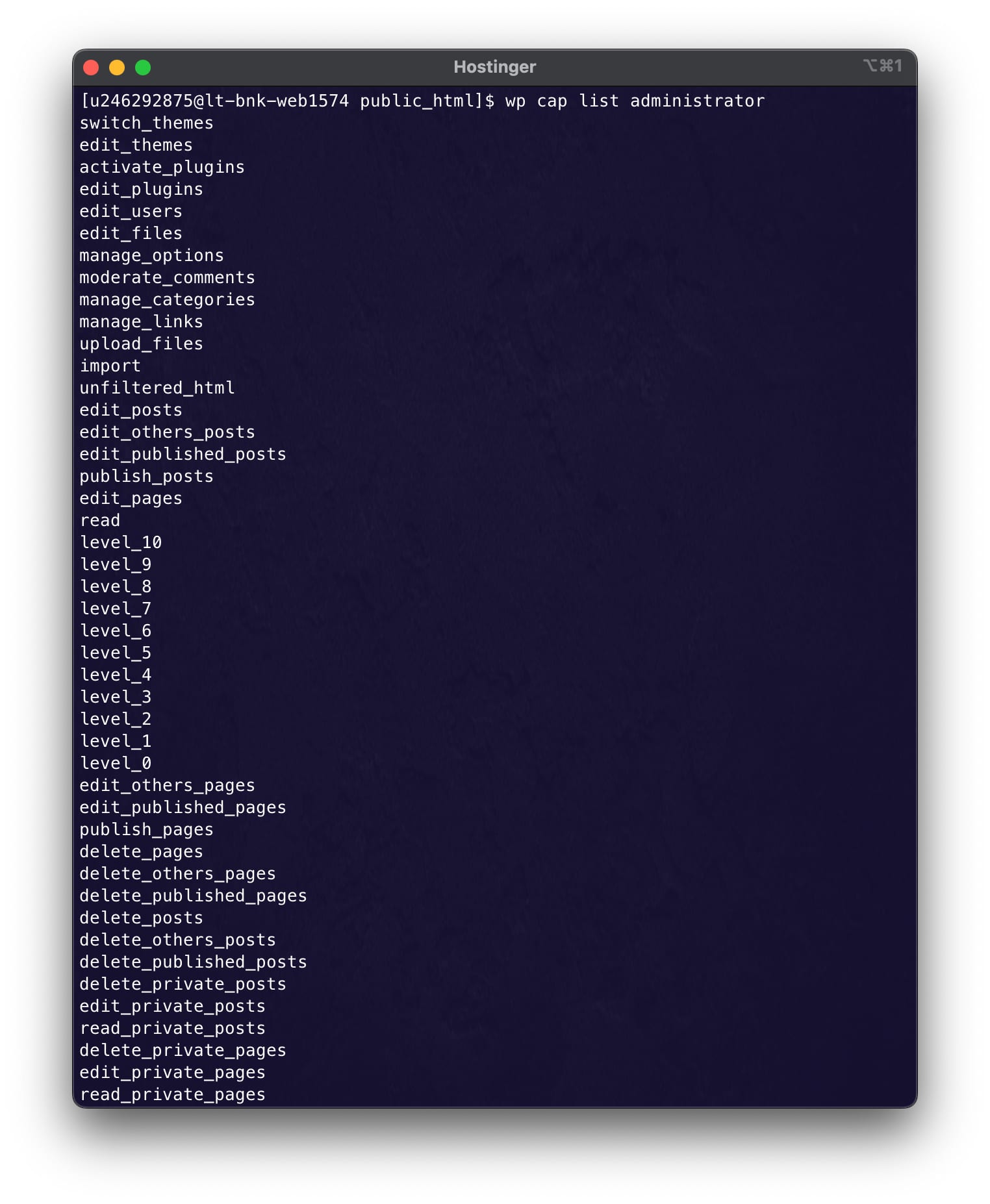 Hostinger terminal showing wp cap list administrator with WordPress administrator capabilities