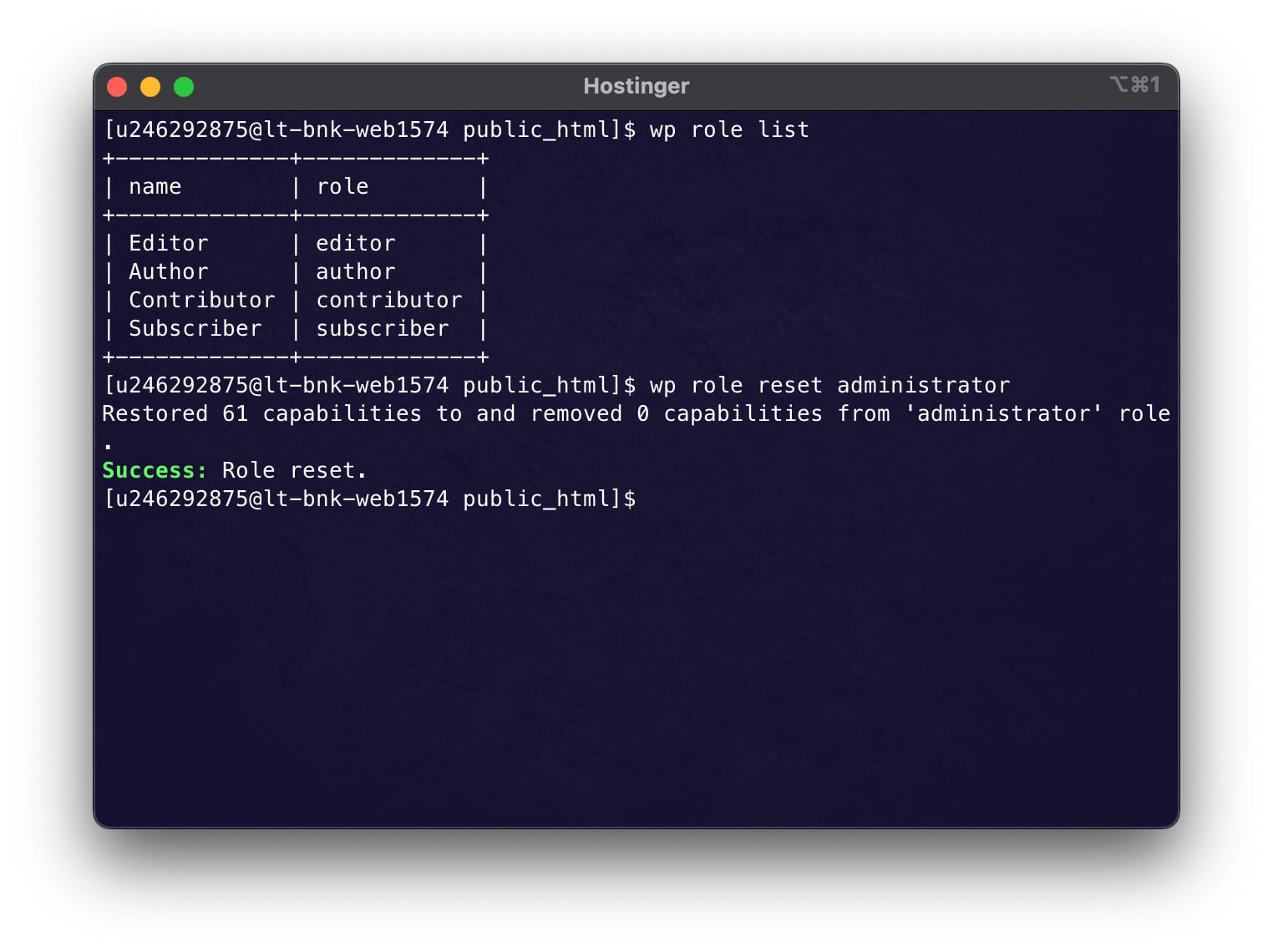 Hostinger terminal showing wp role reset administrator success message