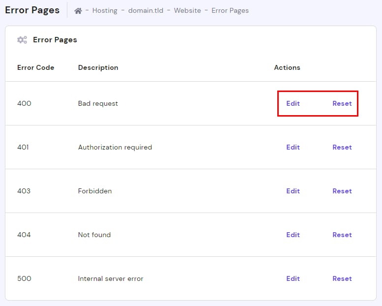 Hostinger error pages list with 400 error Edit and Reset actions highlighted