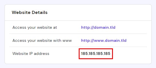 Website Details panel with the website IP address highlighted in a red box