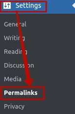 WordPress Settings menu with Permalinks highlighted under Settings
