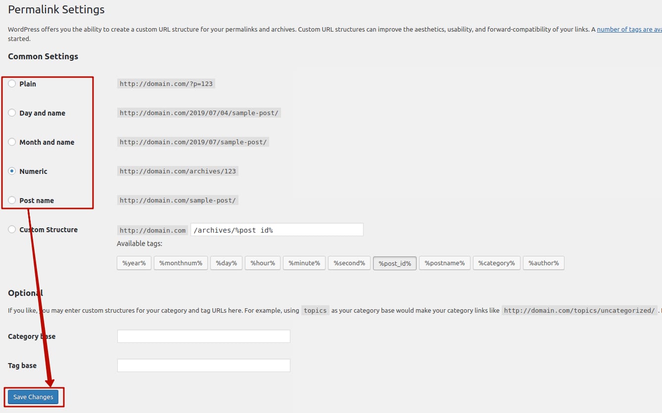 WordPress Permalink Settings with Numeric selected and Save Changes button highlighted
